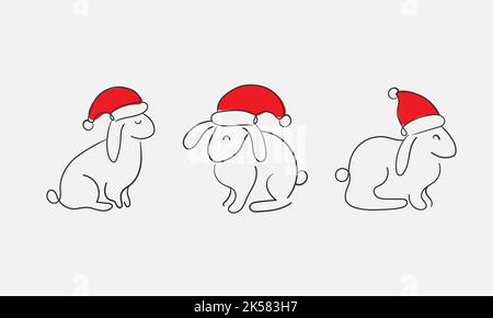 Capodanno Cinese 2023, anno del coniglio, personaggi della linea d'arte, semplice set disegnato a mano. Coniglietti carini in cappello di santa su sfondo grigio Illustrazione Vettoriale
