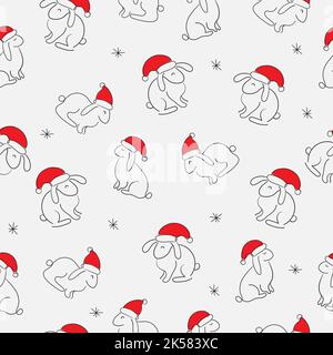 Linea d'arte animale di coniglio, modello vettoriale moderno senza cuciture su bianco. Simbolo del Capodanno cinese 2023. Coniglietti carini in cappello di santa Illustrazione Vettoriale