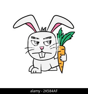 Illustrazione vettoriale di un coniglio con una carota. Coniglio arrabbiato o astuto. Vettore cartoon su sfondo bianco Illustrazione Vettoriale