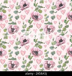 Motivo senza cuciture con fiori di anemone rosa, ramoscelli di eucalipto e cuori su sfondo rosa. Illustrazione acquerello nello stile di schizzo con grafica Foto Stock