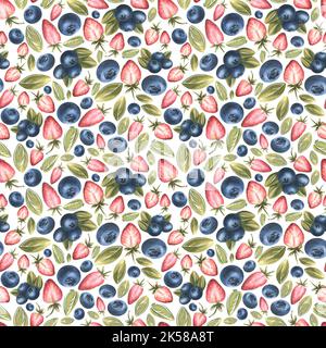 Motivo senza cuciture con fragole e mirtilli, foglie su sfondo bianco. Acquerello illustrazione da una grande serie di DOLCI. Per decorazione Foto Stock