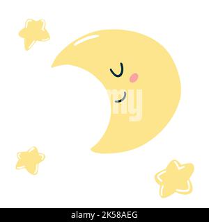 Carino mano disegnato kawaii luna e stelle in cartoon stile piatto. Illustrazione vettoriale delle icone dei bambini con il volto felice per poster, stampa di tessuto, biglietto, bambini Illustrazione Vettoriale