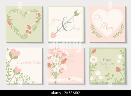 Un set di sei carte di San Valentino in rosa, verde e offwhite. Disegni floreali e a cuore. Illustrazione Vettoriale