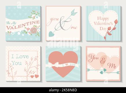 Un insieme di sei carte di San Valentino in rosa, teal, e off bianco. Disegni floreali e a cuore. Illustrazione Vettoriale