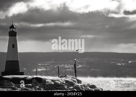 Foto invernale pomeridiana del faro di Myers Point a Myers Park a Lansing NY, contea di Tompkins. Il faro si trova sulla riva di Cayuga L. Foto Stock