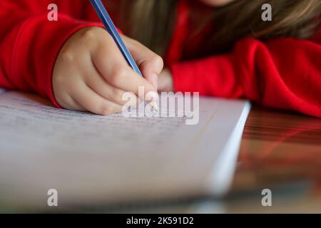 Homeworks.girl fa il suo homeworks.matita in una mano del childs scrive le parole in un taccuino.Studio ed educazione. Il bambino scrive con una matita in un taccuino Foto Stock