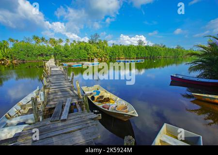 Vecchio molo di pescatori abbandonato rotto / molo fatto di legno. Foto Stock