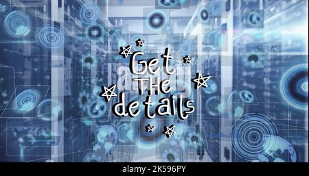 Immagine dell'elaborazione dei dati e testo dei dettagli nella sala server Foto Stock