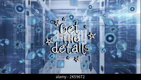 Immagine dell'elaborazione dei dati e testo dei dettagli nella sala server Foto Stock