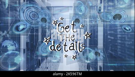 Immagine dell'elaborazione dei dati e testo dei dettagli nella sala server Foto Stock