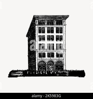 Disegno di un edificio alberghiero, vettore di illustrazione di architettura vintage. Illustrazione Vettoriale
