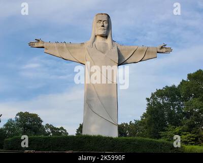 Eureka Springs, Arkansas, U.S.A - 23 giugno 2022 - statua del Cristo degli Ozark circondata da uccelli Foto Stock