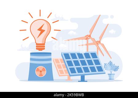 Elettricità ecologica. Centrale eolica, batterie solari, centrale nucleare. Illustrazione del vettore delle risorse energetiche sostenibili Illustrazione Vettoriale