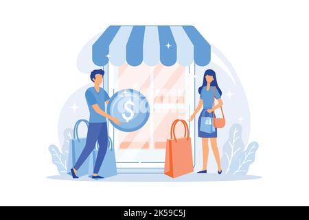 Piccoli clienti con borse che acquistano online con lo smartphone. Mercato basato su dispositivi mobili, illustrazione vettoriale dell'app e-shop per dispositivi mobili Illustrazione Vettoriale