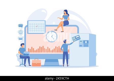Prestazioni di lavoro in base ai tempi previsti. Disciplina del personale. Sistema di tracciamento del tempo e delle presenze, illustrazione del vettore di tracciamento del tempo dell'ufficio Illustrazione Vettoriale