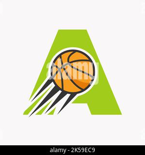 Lettera iniziale Un concetto di logo di basket con icona di basket in movimento. Modello vettoriale simbolo logo Basket Ball Illustrazione Vettoriale