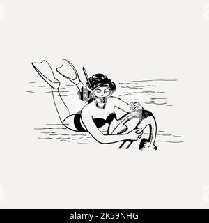 Donna subacquea disegno, vintage illustrazione vettore. Illustrazione Vettoriale