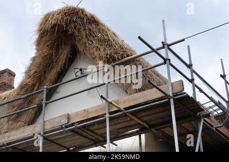 Un cottage ottiene un tetto di paglia in Kersey, Suffolk, Regno Unito Foto Stock