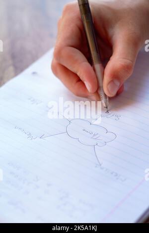 Mind-mapping il suo business plan. Un uomo d'affari che scrive su un blocco note. Foto Stock