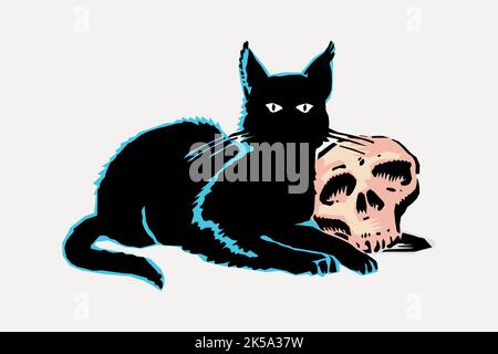 Gatto e cranio clipart, vettore di illustrazione di Halloween. Illustrazione Vettoriale