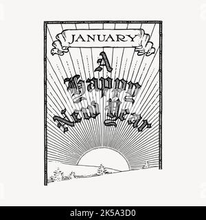 Felice capodanno clipart poster, vintage vettore disegnato a mano. Illustrazione Vettoriale