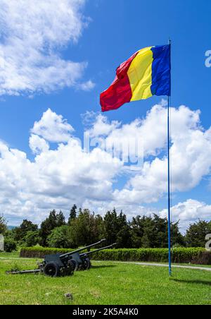 Bandiera rumena e cannoni posti al monumento agli eroi rumeni della seconda guerra mondiale il 30 maggio 2021 a Oarba de Mures, Transilvania Foto Stock