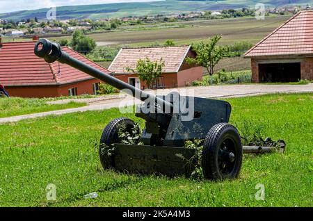 Cannoni posti al monumento agli eroi rumeni della seconda guerra mondiale il 30 maggio 2021 a Oarba de Mures, Transilvania Foto Stock