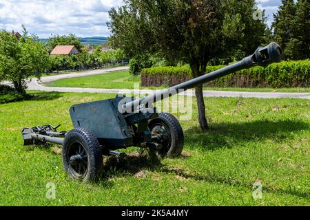 Cannoni posti al monumento agli eroi rumeni della seconda guerra mondiale il 30 maggio 2021 a Oarba de Mures, Transilvania Foto Stock