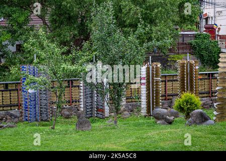 CRISENI, HARGHITA, ROMANIA-GIUGNO 20: Indicatori decorativi nel cortile del museo del cappello di paglia il 20 giugno 2021 a Criseni, Harghita. Foto Stock