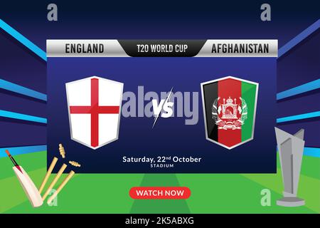 Cricket Concept con Silver Winning Trophy del Team England Vs Afganistan partecipato su Stadium Lights background. Coppa del mondo T20. Illustrazione Vettoriale