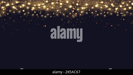 Sfondo vettoriale orizzontale festivo con glitter d'oro e coriandoli per la festa di Natale. Sfondo nero con particelle dorate e lucente Foto Stock