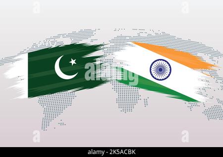 Bandiere Pakistan vs India. Bandiere della Repubblica islamica del Pakistan contro India, isolate su sfondo grigio della mappa del mondo. Illustrazione vettoriale. PAK vs. IND Illustrazione Vettoriale