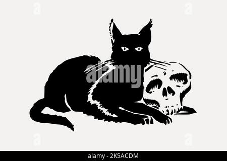 Gatto e cranio clipart, vettore di illustrazione di Halloween. Illustrazione Vettoriale