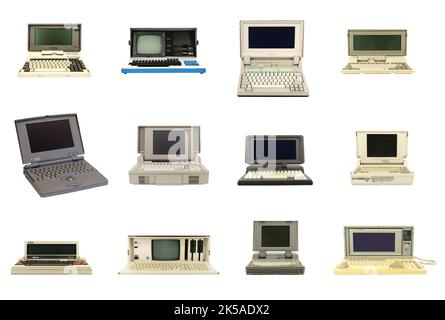Vecchi computer portatili retrò isolati. Collezione di notebook vintage su sfondo bianco Foto Stock