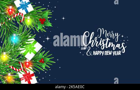 Sfondo blu scuro di Natale e Capodanno con neve e stelle. Aghi verdi decorati con colorate luci a corda, bacche agrifoglio e bacchette magiche. Illustrazione Vettoriale