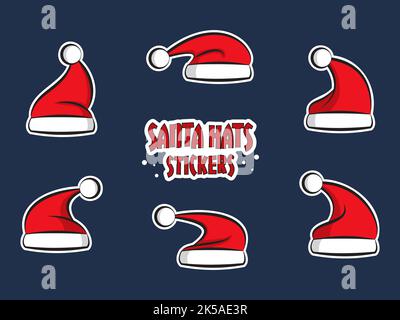 Babbo Natale cappelli doodle vettore cartoni adesivi. Illustrazione Vettoriale