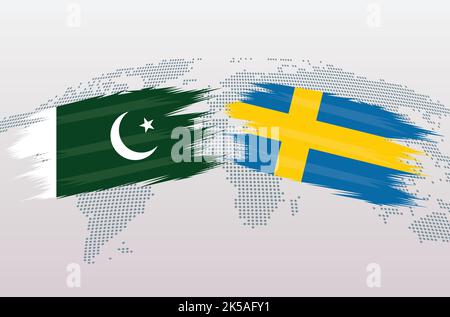 Bandiere Pakistan vs Svezia. Bandiera della Repubblica islamica del Pakistan e bandiera della Svezia, isolata su sfondo grigio della mappa del mondo. Illustrazione vettoriale. Illustrazione Vettoriale