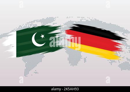 Bandiere Pakistan vs Germania. Bandiere della Repubblica islamica del Pakistan vs Germania, isolate su sfondo grigio della mappa del mondo. Illustrazione vettoriale. Illustrazione Vettoriale