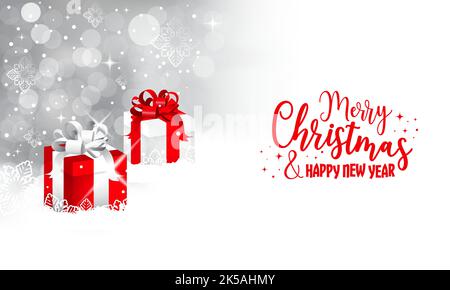 Regali di Natale con nastri bianchi e rossi nella neve. Inverno magico paesaggio di vacanza con nevicate, fiocchi di neve e stelle. Biglietto di auguri di Natale. Illustrazione Vettoriale