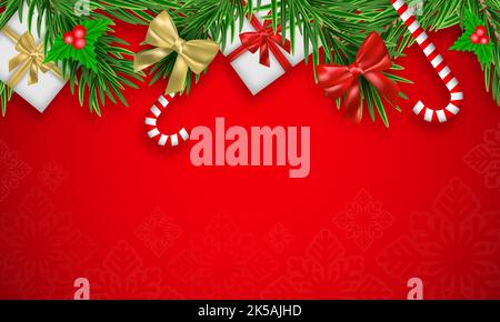 Modello per le vacanze invernali di Natale con spazio per il testo. Rametti ad ago, regali con nastro, bacche agrifoglio e bacchette magiche. Illustrazione Vettoriale