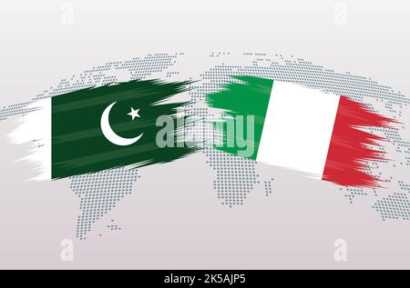 Bandiere Pakistan vs Italia. Repubblica Islamica del Pakistan contro bandiere italiane, isolata su sfondo grigio della mappa del mondo. Illustrazione vettoriale. Illustrazione Vettoriale