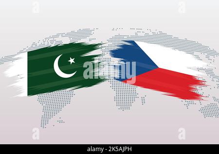 Bandiere del Pakistan contro ceche. Repubblica islamica del Pakistan contro bandiere ceche, isolate su sfondo grigio della mappa del mondo. Illustrazione vettoriale. Illustrazione Vettoriale