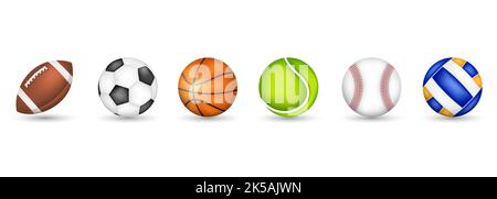 Set di palline sportive vettoriali isolate su sfondo bianco con ombra. Calcio americano, Calcio, Pallacanestro, Pallavolo, Baseball, Tennis. Illustrazione Vettoriale