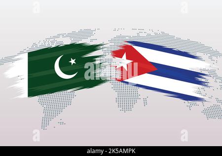 Bandiere Pakistan vs Cuba. Bandiere della Repubblica islamica del Pakistan contro Cuba, isolate su sfondo grigio della mappa del mondo. Illustrazione vettoriale. Illustrazione Vettoriale