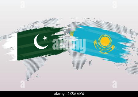 Bandiere Pakistan vs Kazakhstan. Bandiere della Repubblica islamica del Pakistan contro Kazakhstan, isolate su sfondo grigio della mappa del mondo. Illustrazione vettoriale. Illustrazione Vettoriale