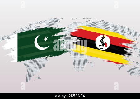 Bandiere Pakistan vs Uganda. Bandiere della Repubblica islamica del Pakistan contro Uganda, isolate su sfondo grigio della mappa del mondo. Illustrazione vettoriale. Illustrazione Vettoriale