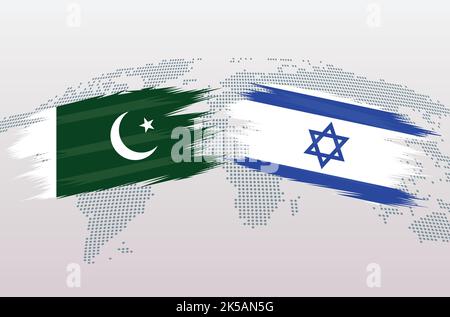 Bandiere Pakistan vs Israele. Bandiera della Repubblica islamica del Pakistan contro bandiera di amicizia di Israele, isolata sullo sfondo grigio della mappa del mondo. Illustrazione vettoriale. Illustrazione Vettoriale