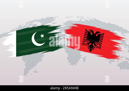 Bandiere Pakistan vs Albania. Bandiere della Repubblica islamica del Pakistan contro Albania, isolate su sfondo grigio della mappa del mondo. Illustrazione vettoriale. Illustrazione Vettoriale