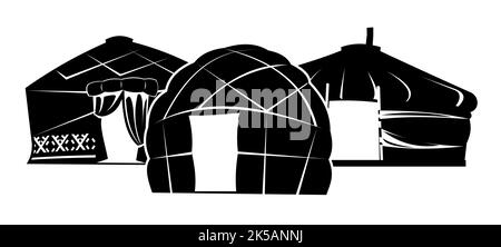 Yurt in tundra. Design di silhouette. Dimora di popolazioni nomadi settentrionali nell'Artico. Da feltro e pelli. Isolato su sfondo bianco. Illustrazione Illustrazione Vettoriale