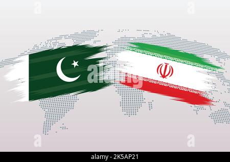 Bandiere Pakistan vs Iran. Bandiera della Repubblica islamica del Pakistan VS Irani, isolata su sfondo grigio della mappa del mondo. Illustrazione vettoriale. Illustrazione Vettoriale